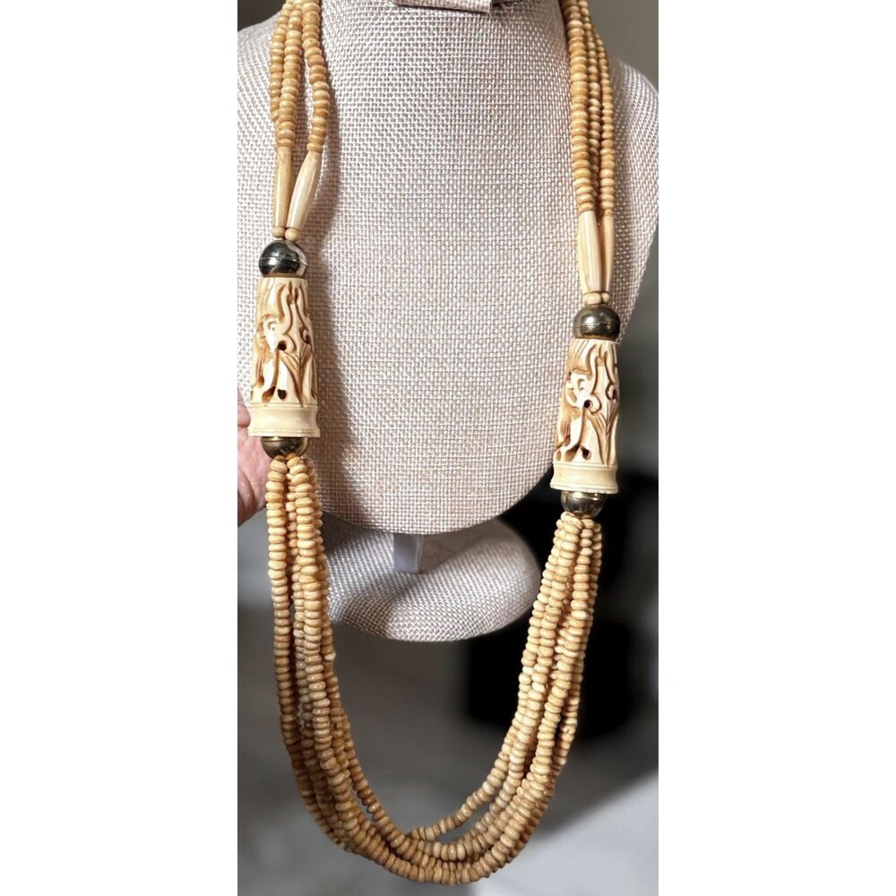 Vintage Carved Multi Strand Necklace Chunky Boho Tribal Necklace